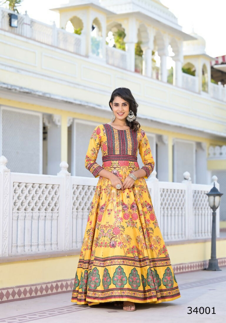 Partywear Designer Yellow Dola Silk Anarkali suit with Dupatta - Suzen - Swadesiicart