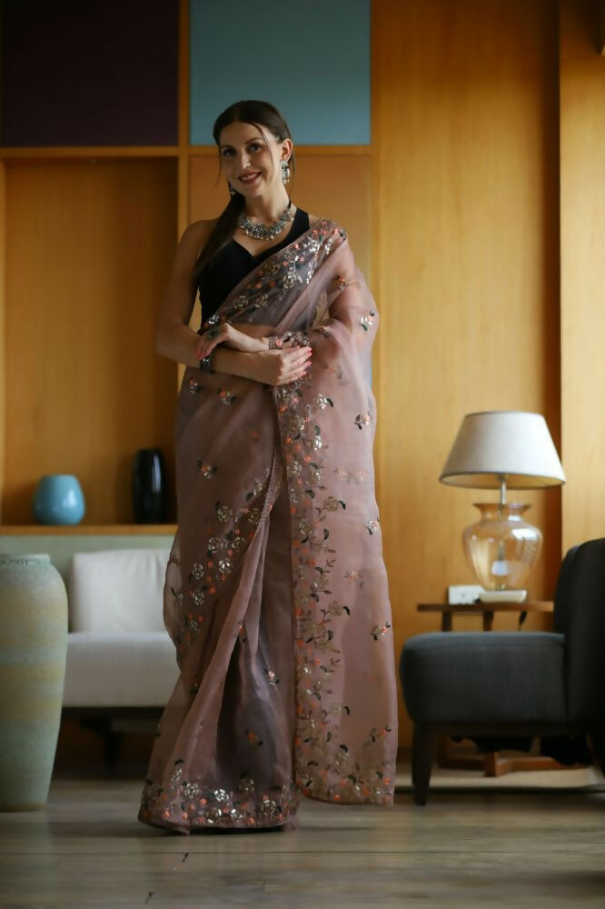 Vamsee Avantika Brown Organza Saree - Swadesiicart