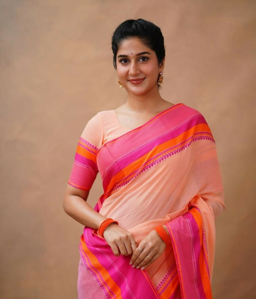 Exclusive Collection Light Orange Beautiful Khadi Cotton Handloom Saree - Swadesiicart