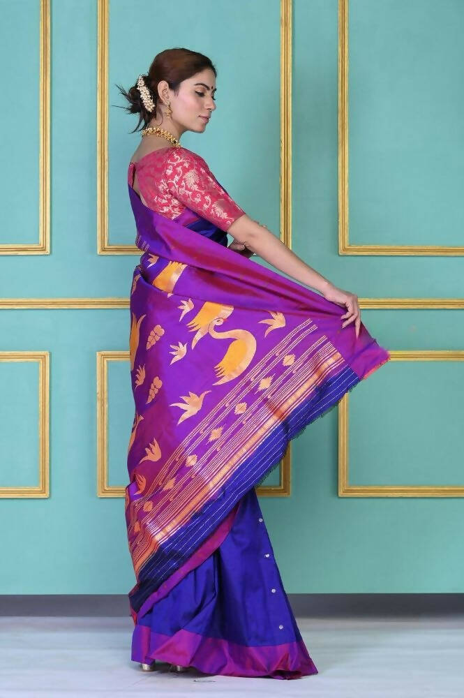 Very Much Indian Handloom Pure Silk Dark Violet Muniya Border Paithani | Swadesiicart
