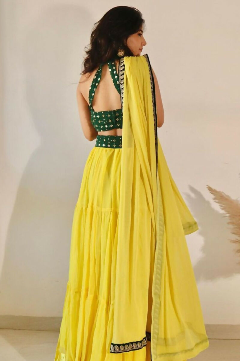 Jyoti Fashion Yellow Three Lair Frill Georgette Lehenga Choli with Dupatta | Swadesiicart
