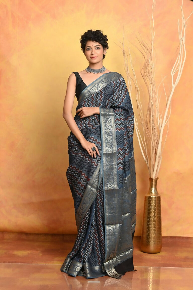 Very Much Indian Modal Silk Ajrakh Handblock Printed Natural Dyes With Designer Border Saree - Grey | Swadesiicart