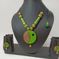 Terracotta Boho Style Mini Necklace Set With Hangings-Green And Gold