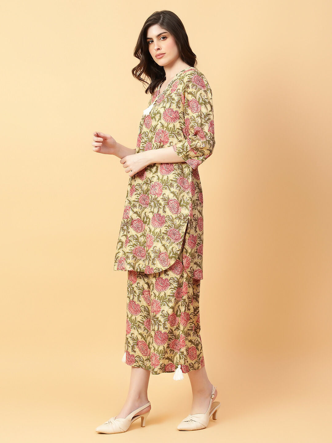 Joban Fashion Beige Cotton Printed & Hand Work Co-ord Set - Swadesiicart
