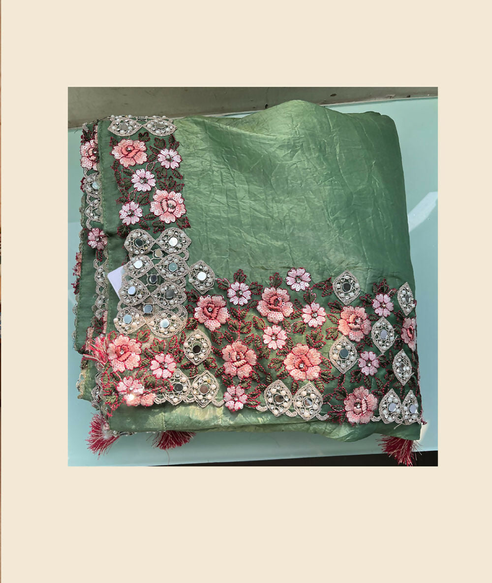 Green Banarasi Crush Silk Thread, Sequence, Cord Embroidered with Stone & Mirror Work Saree - Mohmanthan Dakshika | Swadesiicart