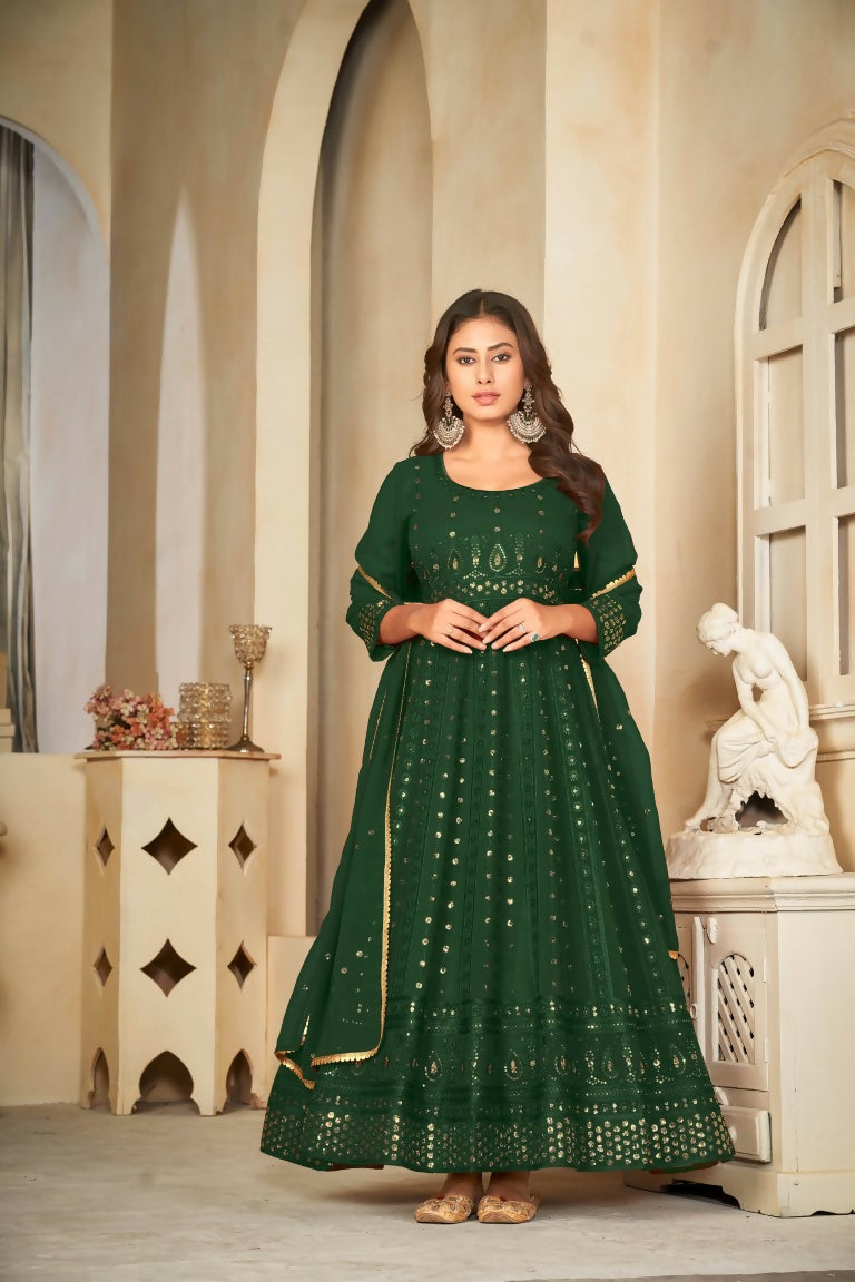 Jyoti Fashion Women's Green Georgette Embroidered Anarkali Kurta Pant Set With Dupatta | Swadesiicart