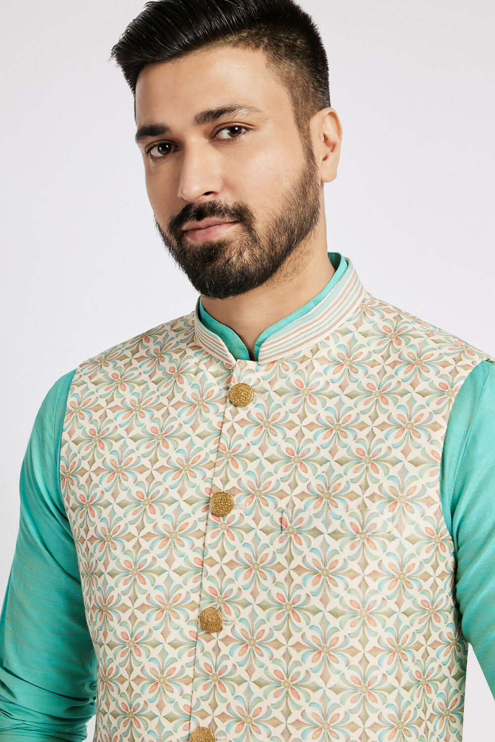 Ethnic India Light Blue Bundi Men's Jacket Abstract Polyester | Swadesiicart