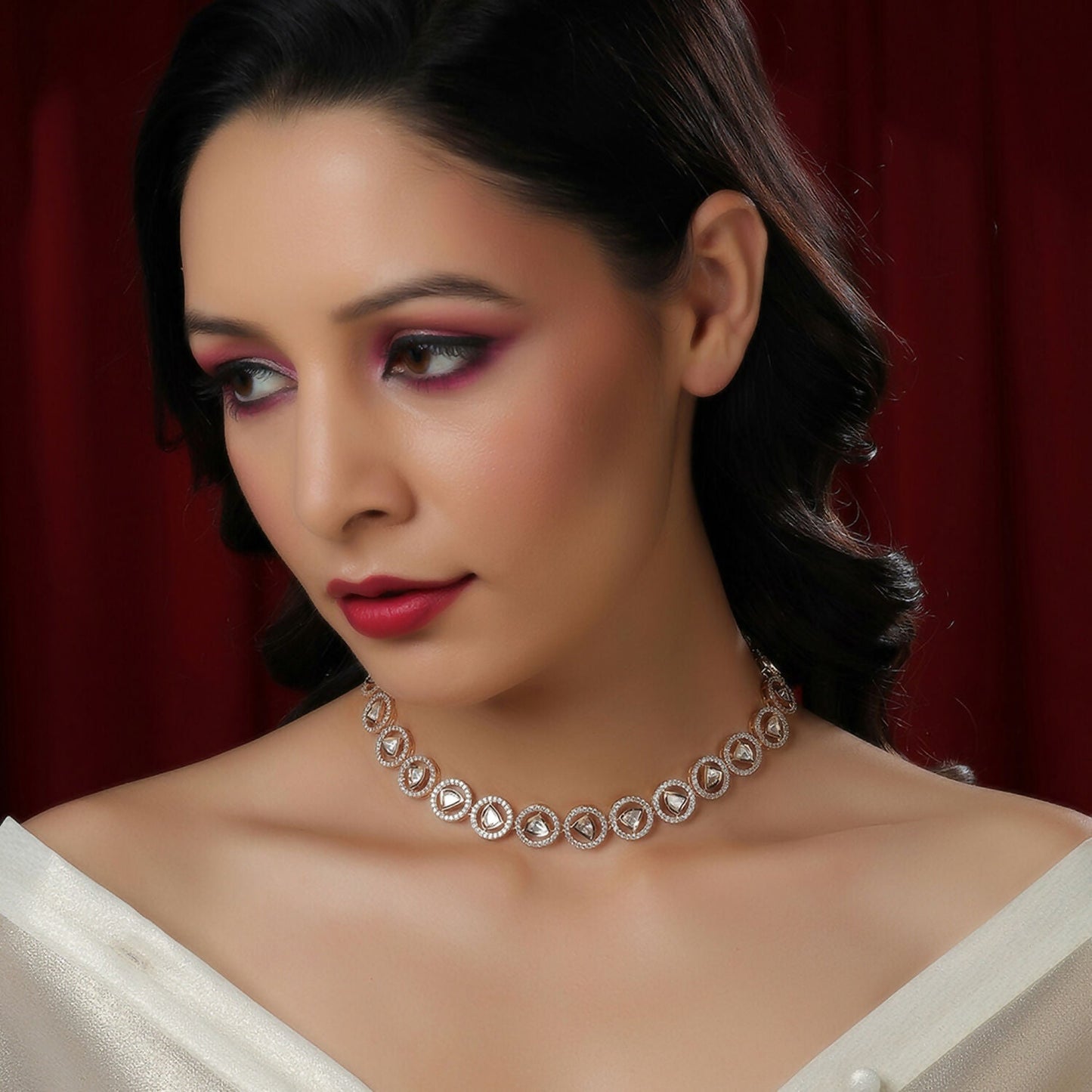 Patti Shapped Kundan and Round Diamond Neckpiece (Gold) - Ruby Raang | Swadesiicart