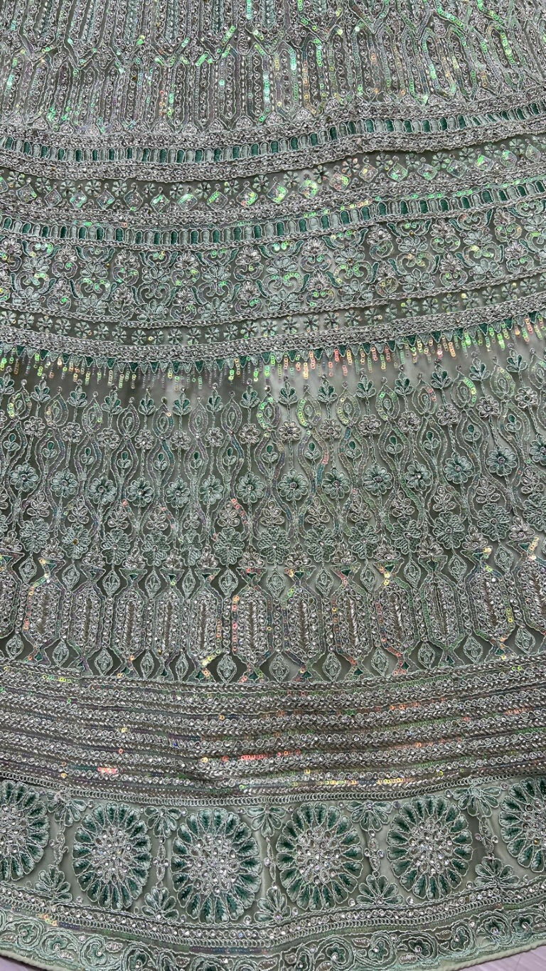Jyoti Fashion Women's Pista Green Heavy Net Fancy Dori, Multi Thread, Rainbow Sequins and Diamond Work Wedding Lehenga Choli | Swadesiicart