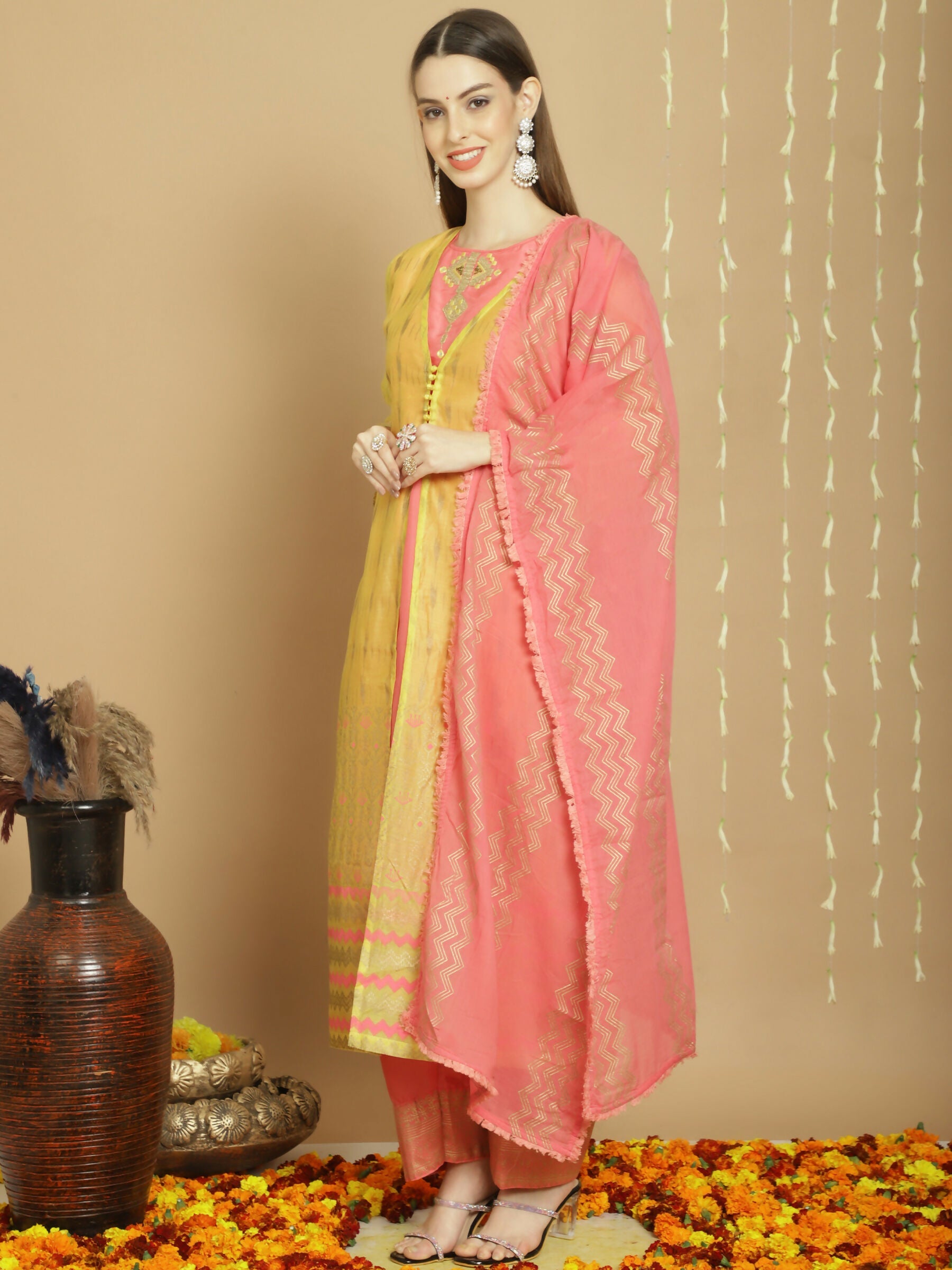 Jyoti Fashion Women's Yellow Chanderi Silk Elegant Jardoshi Semi Kurta with Trouser & Dupatta | Swadesiicart