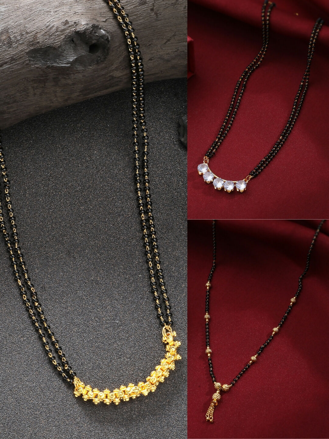 NVR Women's Set of 3 Gold-Polished CZ Stone-Studded & Beaded Mangalsutra | Swadesiicart
