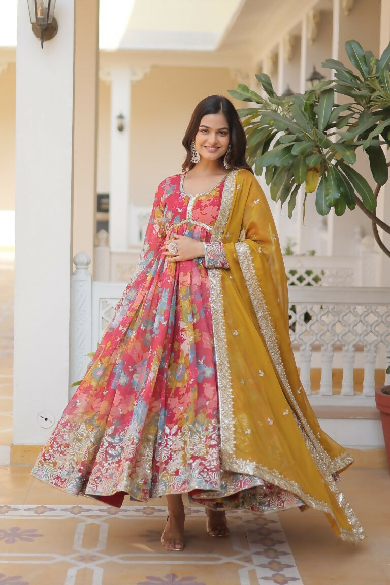 Jyoti Fashion Women's Pink & Yellow Russian Silk Sequins Zari Embroidery Anarkali Dress with Dupatta | Swadesiicart