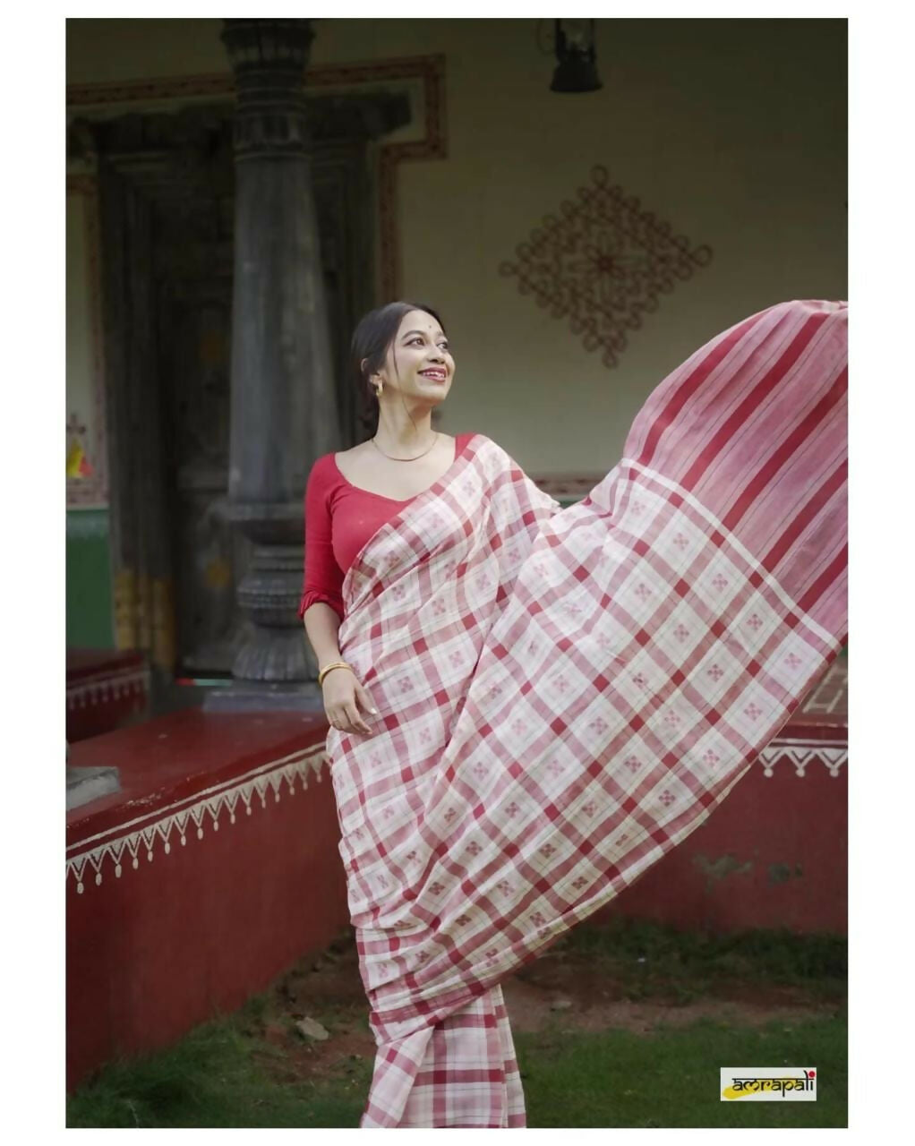 Exclusive Collection Beautiful Check Red Pure Cotton Woven Handloom Saree With Running Blouse Piece - Swadesiicart
