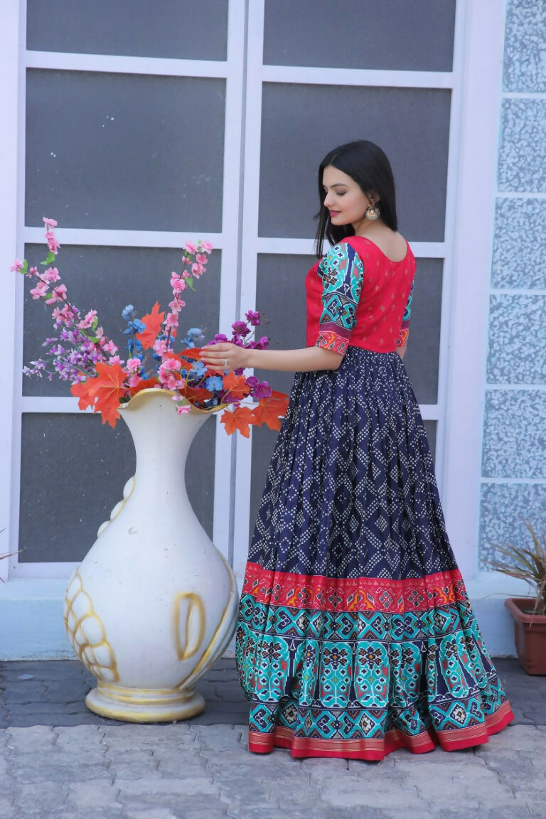 Jyoti Fashion Women's Navy Blue Patola with Foil Print Dola Silk Anarkali Dress | Swadesiicart