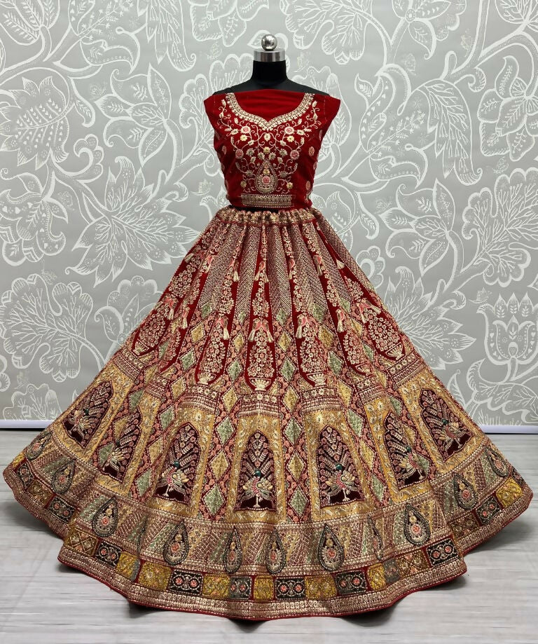 Jyoti Fashion Women's Red Velvet Fancy Dori, Zari with Multi Thread Embroidered Wedding Lehenga Choli | Swadesiicart