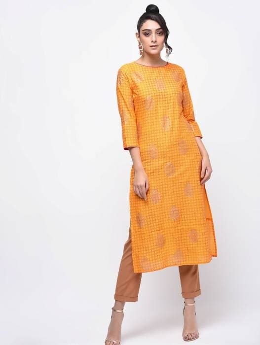 Aniyah Cotton Block Printed Yellow Straight Kurta (AN-137K) - Swadesiicart