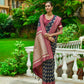 Vishnu Weaves Women's Navy Blue Handloom Raw Silk Zari Woven Saree with Blouse - Swadesiicart