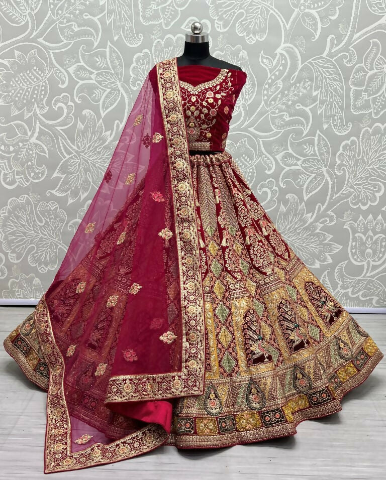 Jyoti Fashion Women's Rani Pink Velvet Fancy Dori, Zari with Multi Thread Embroidered Wedding Lehenga Choli | Swadesiicart
