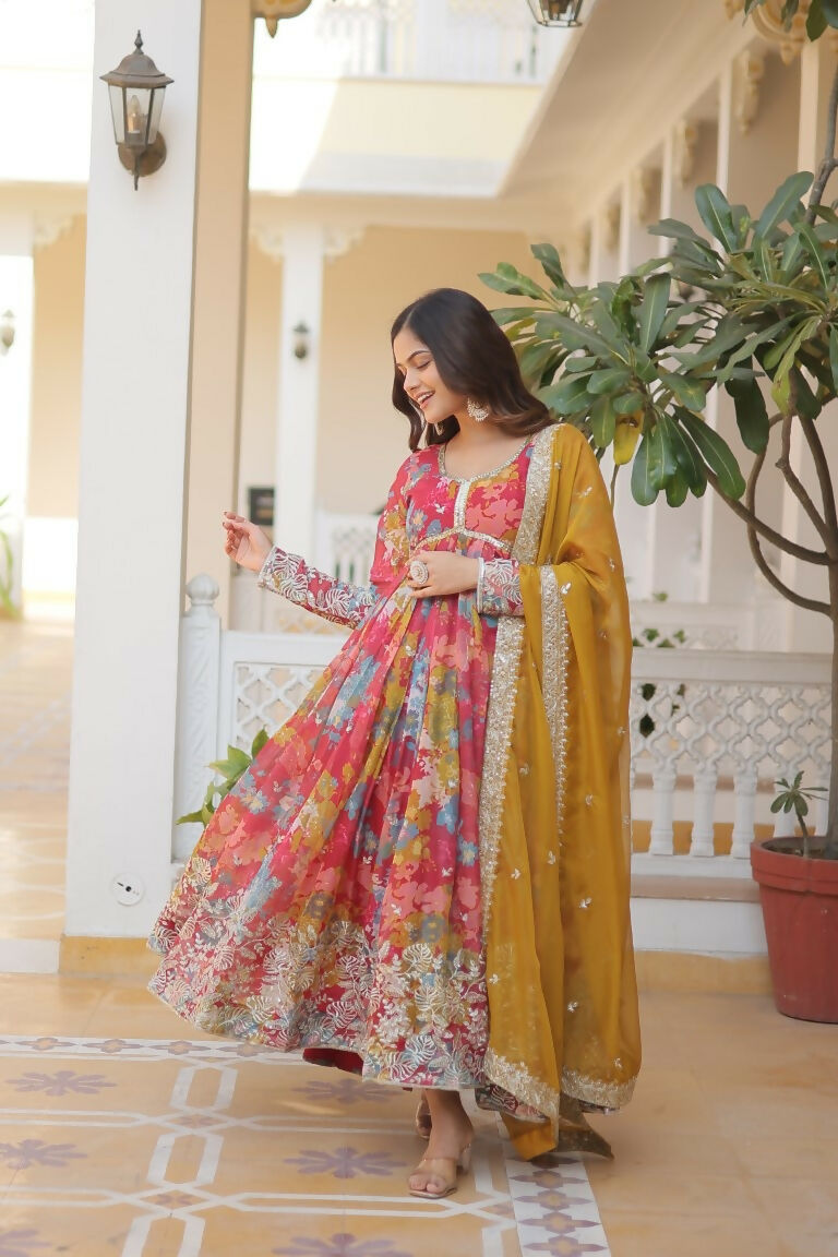 Jyoti Fashion Women's Pink & Yellow Russian Silk Sequins Zari Embroidery Anarkali Dress with Dupatta | Swadesiicart