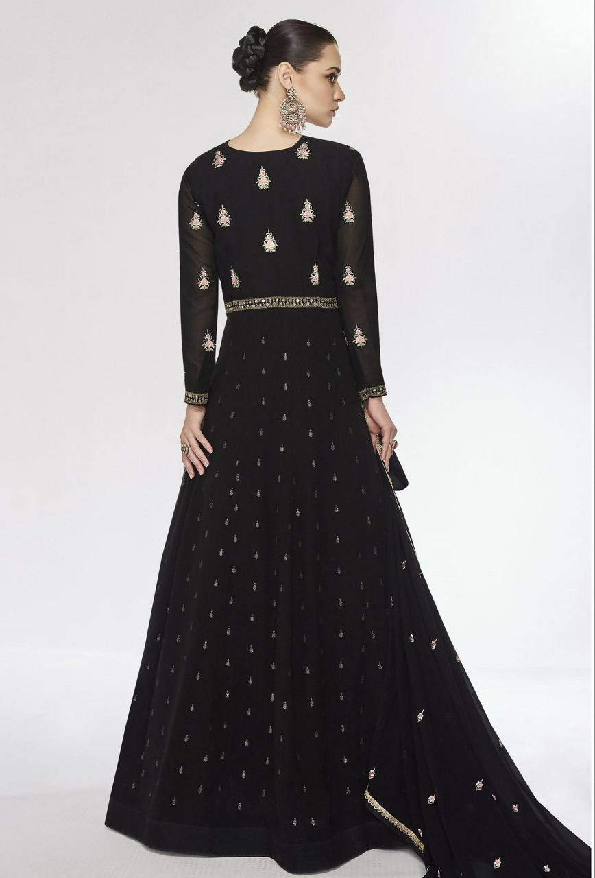 Lorenvalley Fashion Black Faux Georgette Embroidery Work Gown Jacket Stitched | Swadesiicart