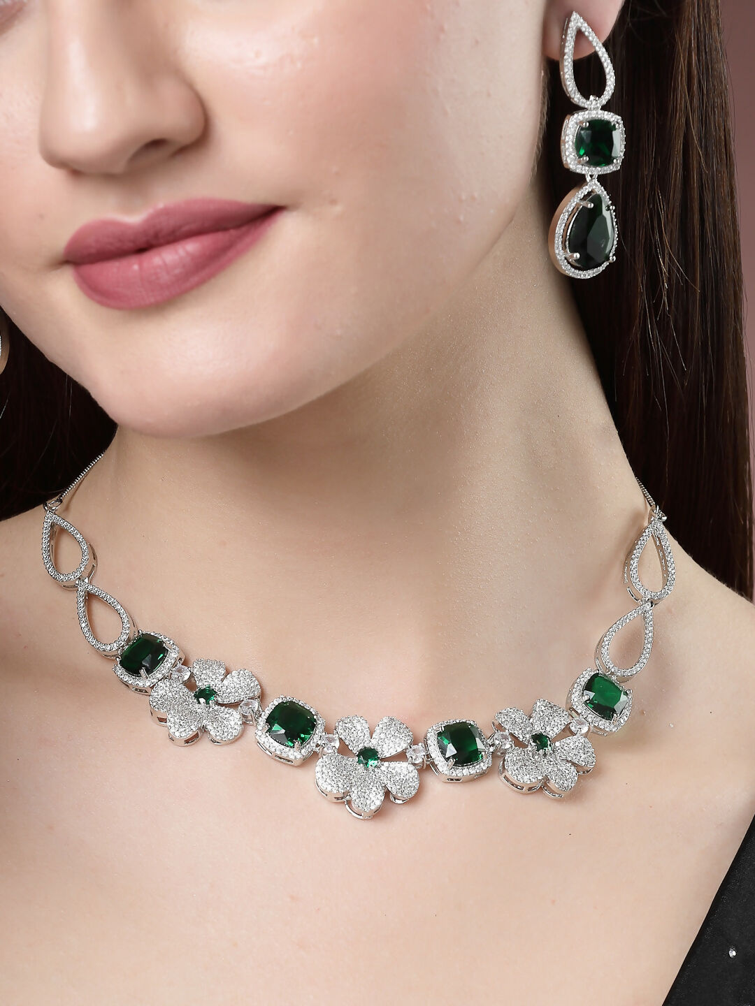 NVR Women's Green & Silver-Plated American Diamond Handcrafted Jewellery Set - NR Retail-NVR