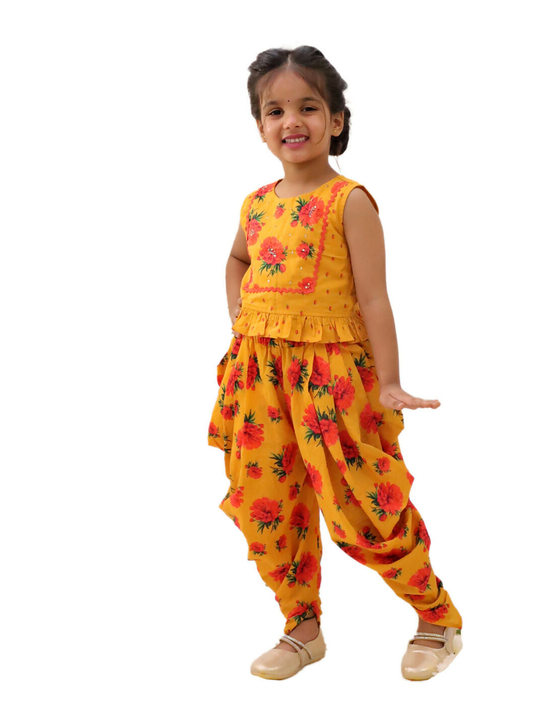 Lil Drama Genda Phool Mustard Crop Top and Dhoti Set For Girls | Swadesiicart