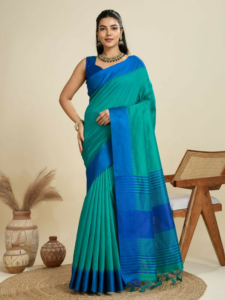 Vishnu Weaves Women's Firozi Raw Silk Thread Woven Saree with Blouse - Swadesiicart
