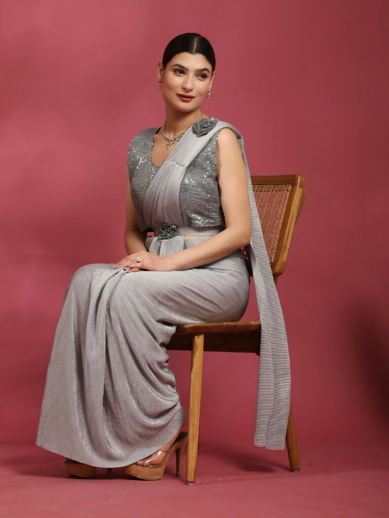 Grey Imported Crush Lycra Texture Pattern Ready to Wear Saree with stitched Blouse - Nirvana | Swadesiicart