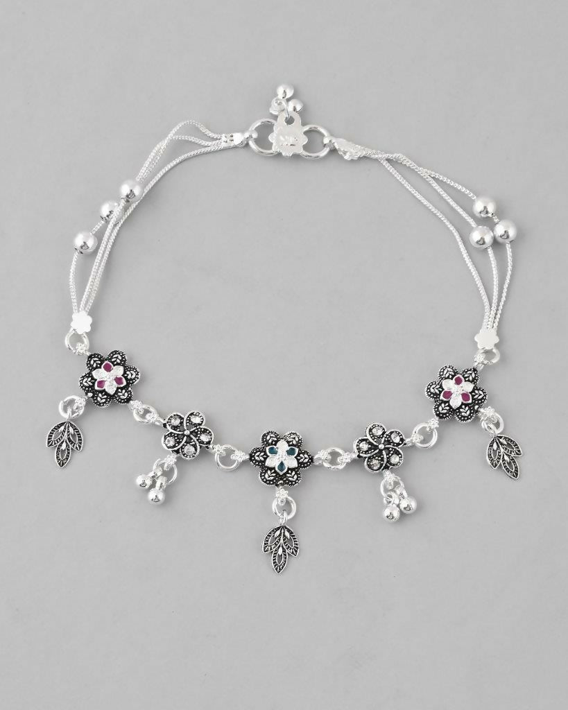 VOJ Set of 2 Silver Plated Flower Shaped Stone Studded Anklet - Swadesiicart