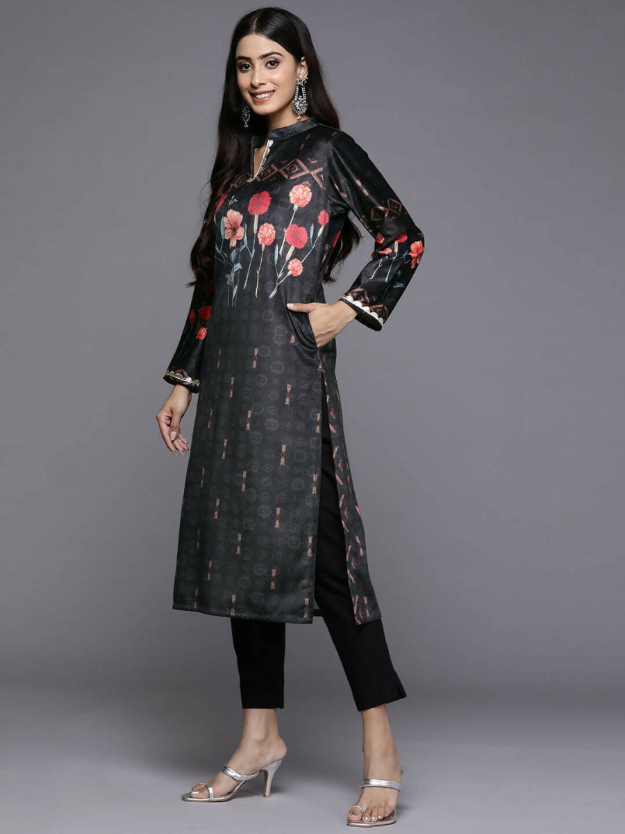 Ahalyaa Women Black & Red Floral Printed Gotta Patti Floral Velvet Kurta | Swadesiicart