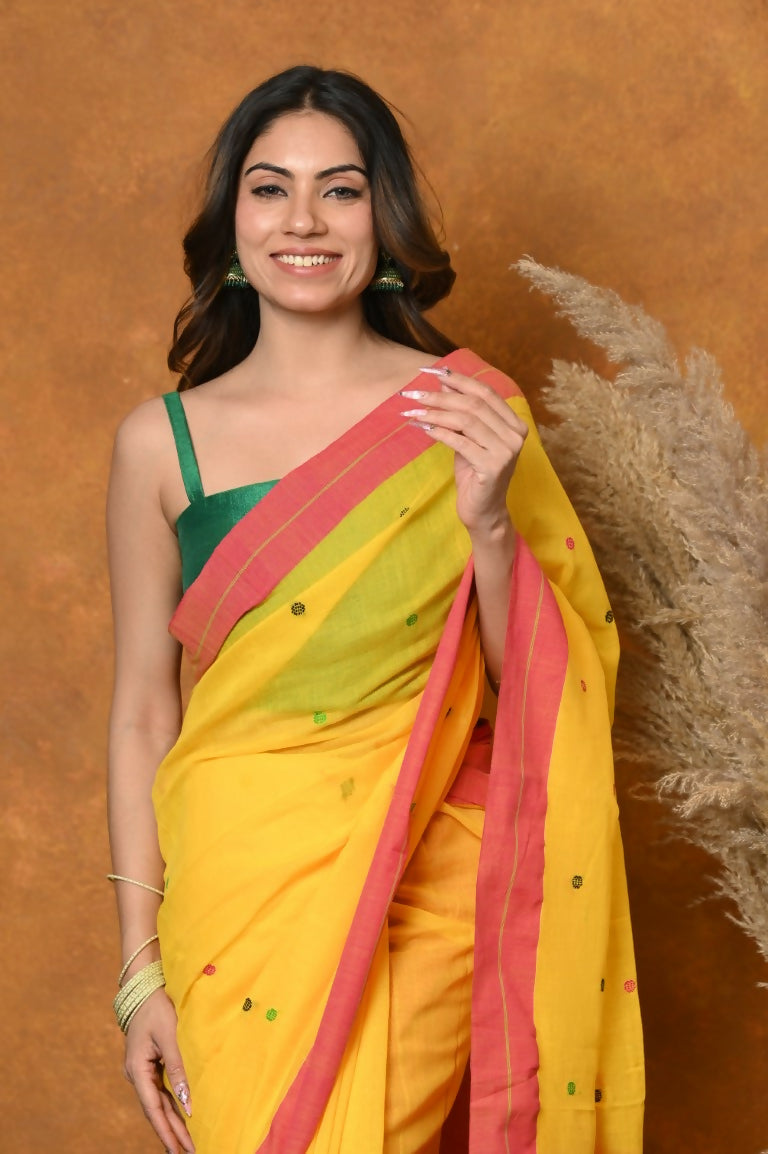 Very Much Indian Handloom Pure Cotton Saree With Sleek Border - Yellow | Swadesiicart