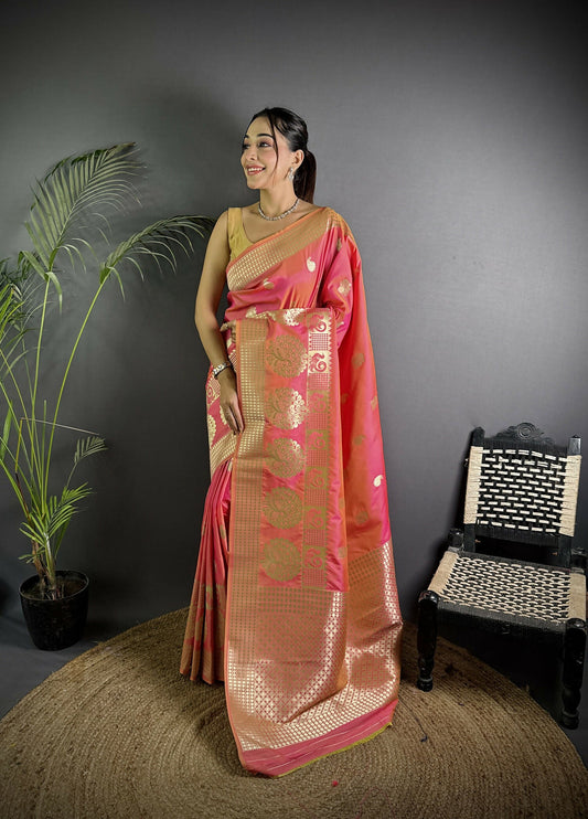 Joban Fashion Light Pink Banarasi Soft Lichi Silk Paisley Saree | Swadesiicart