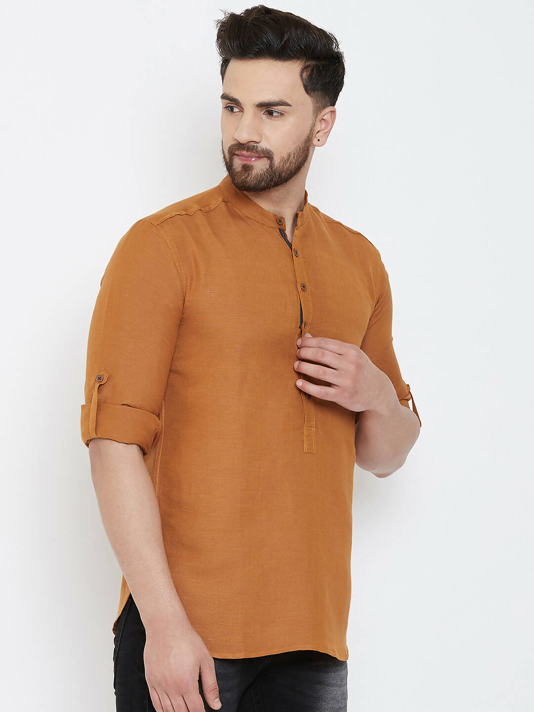 Even Apparels Brown Linen Men's Kurta With Band Collar | Swadesiicart