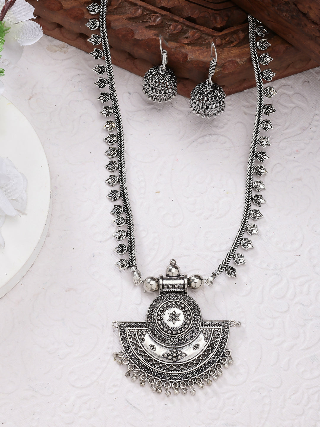 NVR Women's Silver-Toned German Silver Oxidised Necklace with Jhumka Earrings - NR Retail-NVR