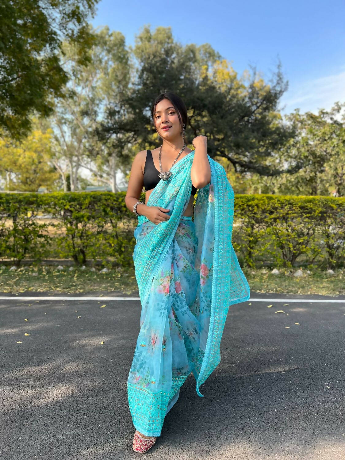 Vamsee Sky Blue Organza Saree - Swadesiicart