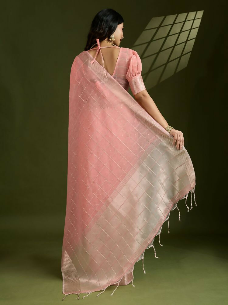 Vishnu Weaves Women's Peach Soft Silk Zari Woven Saree with Blouse - Swadesiicart