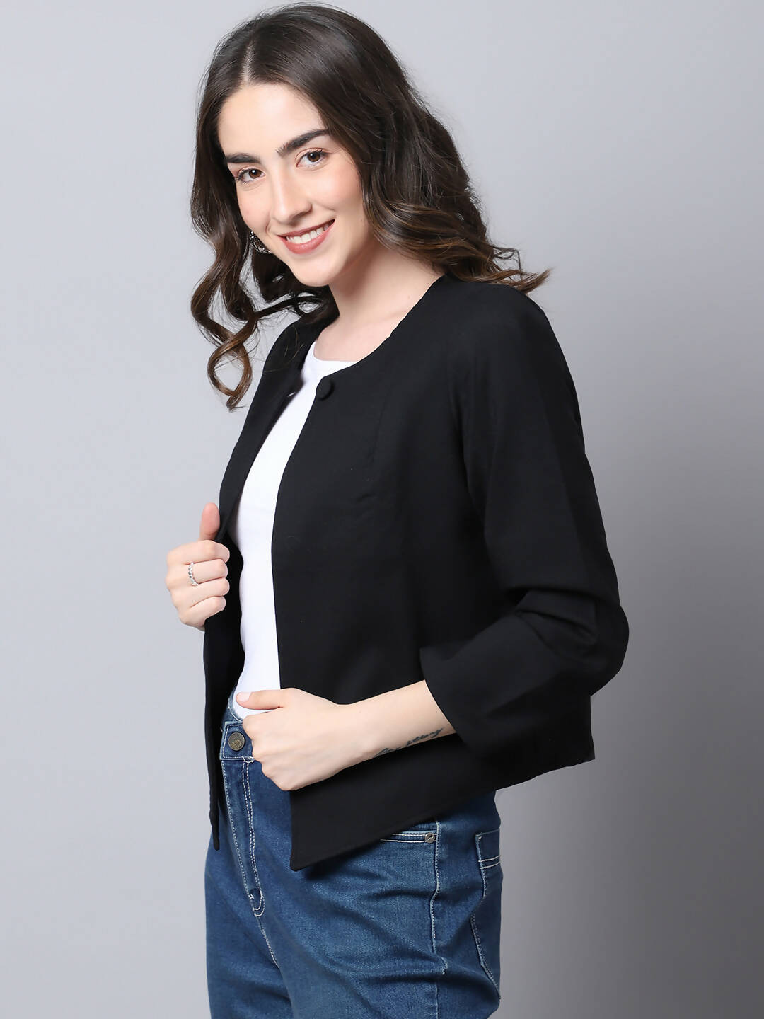 Even Apparels Black Linen Cotton Open Front Statement Women's Jacket | Swadesiicart