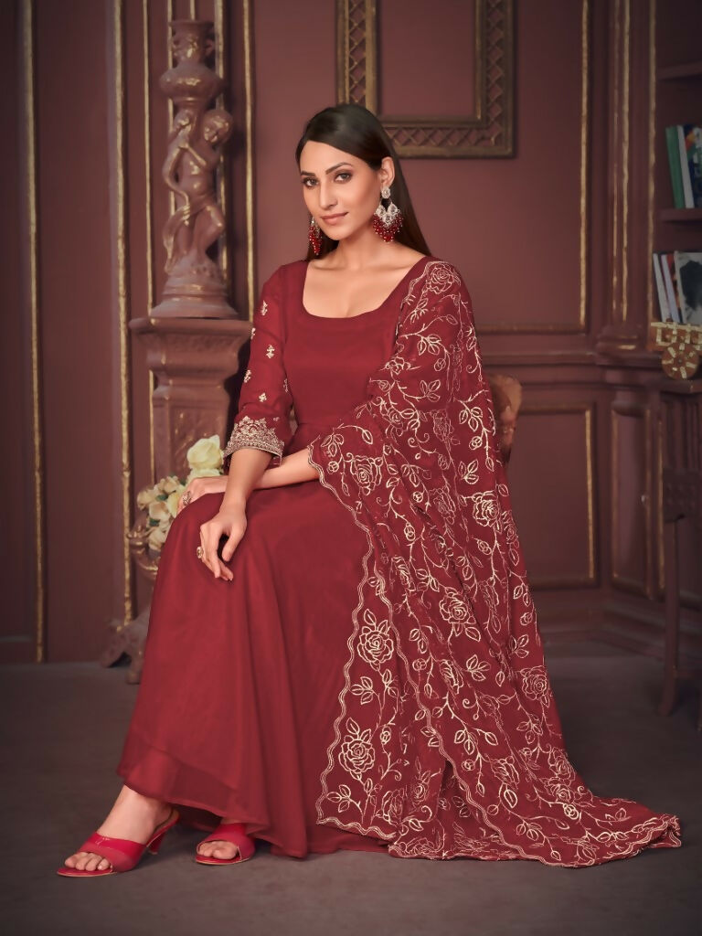 Jyoti Fashion Women's Maroon Georgette Embroidered Anarkali Kurta Pant Set With Dupatta | Swadesiicart