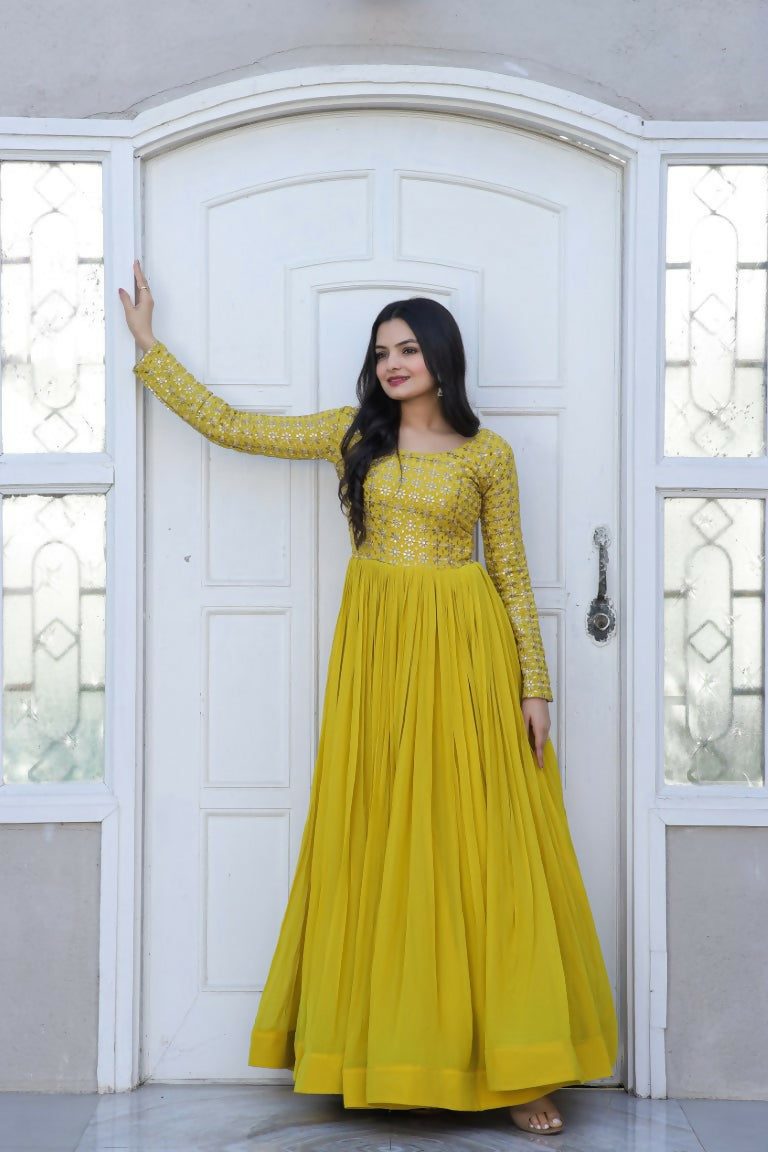 Jyoti Fashion Women's Yellow Sequence Zari Embroidered Faux Blooming Anarkali Dress | Swadesiicart