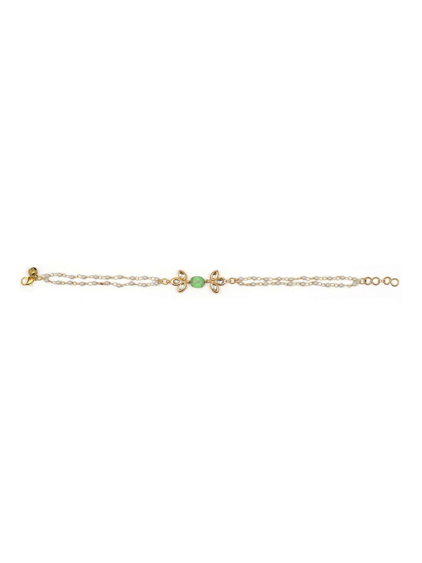 Gold-Polished Green White Kundan Beads Anklet Set Of 2 - Ruby Raang | Swadesiicart