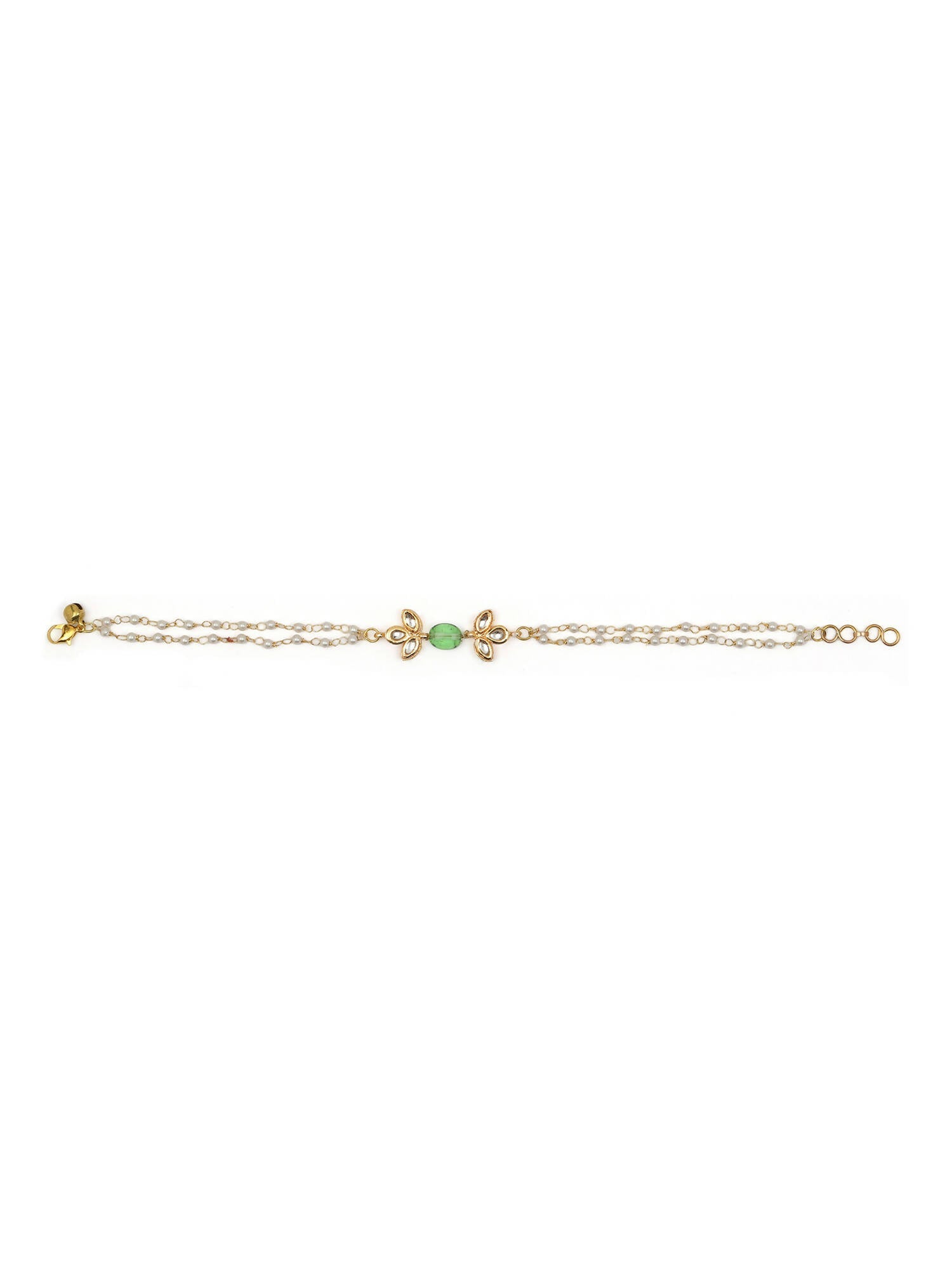 Gold-Polished Green White Kundan Beads Anklet Set Of 2 - Ruby Raang | Swadesiicart