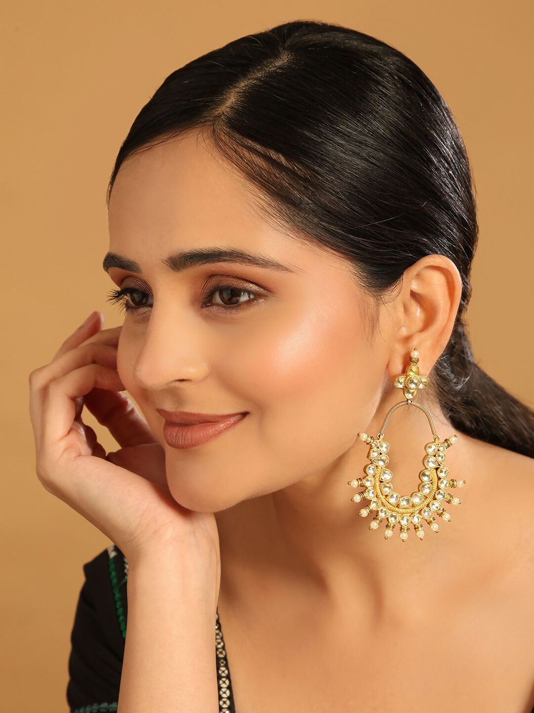 Nuyug 22k Gold Plated Royal Pearl Accent Kundan Earrings | Swadesiicart