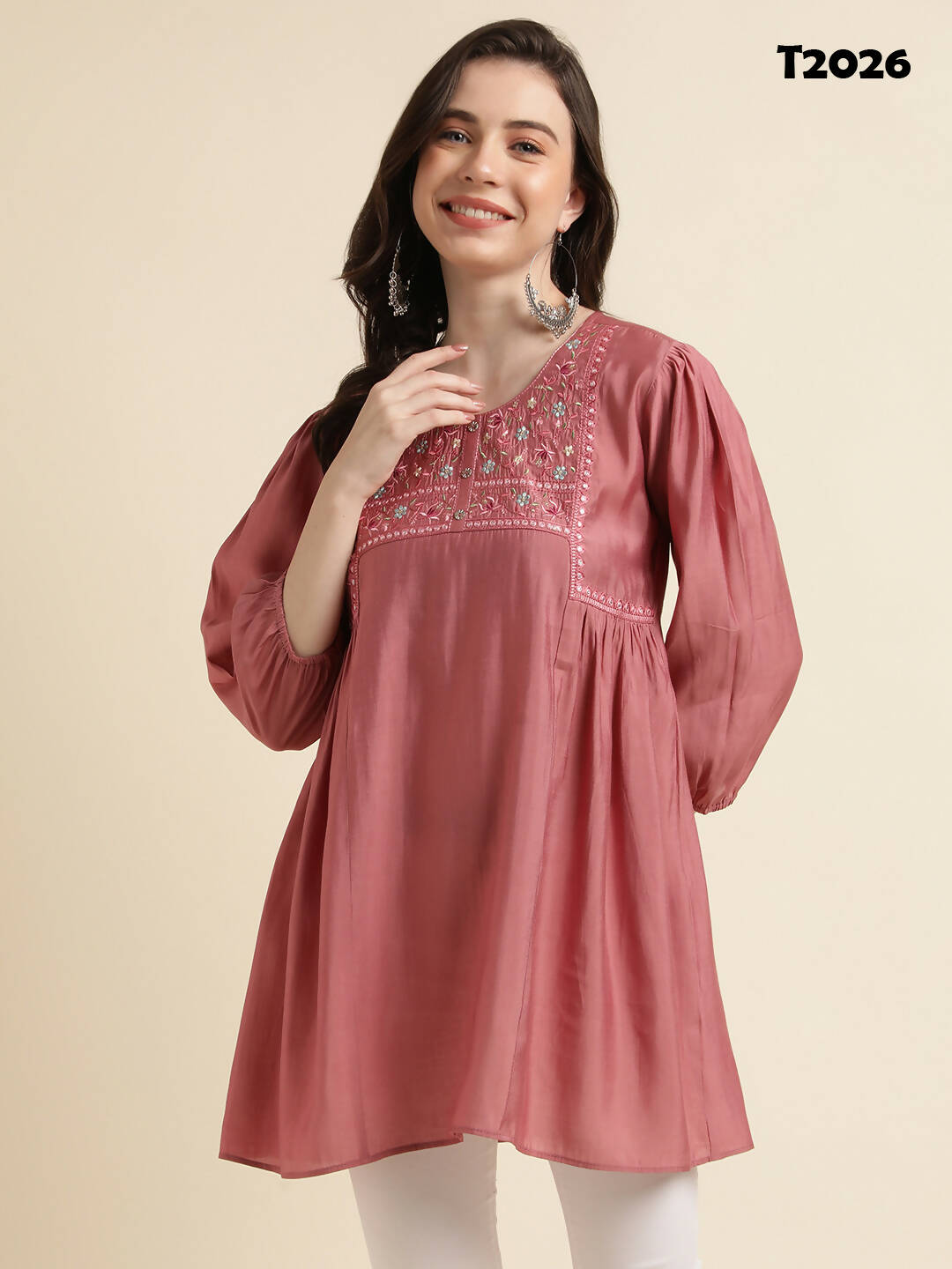 Pink Chinon Yoke Embroidered A-line Top - Tarini - Swadesiicart