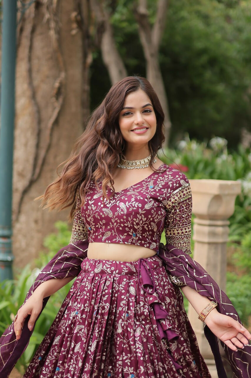 Lorenvalley Wine Pure Viscose Jacquard with Golden Embroidered Sequins work Lehenga Choli | Swadesiicart