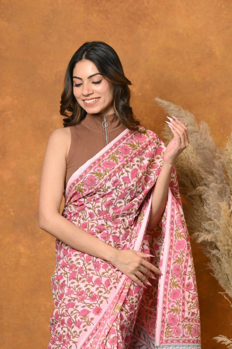 Very Much Indian Pure Cotton Handblock Printed Saree - Light Pink | Swadesiicart