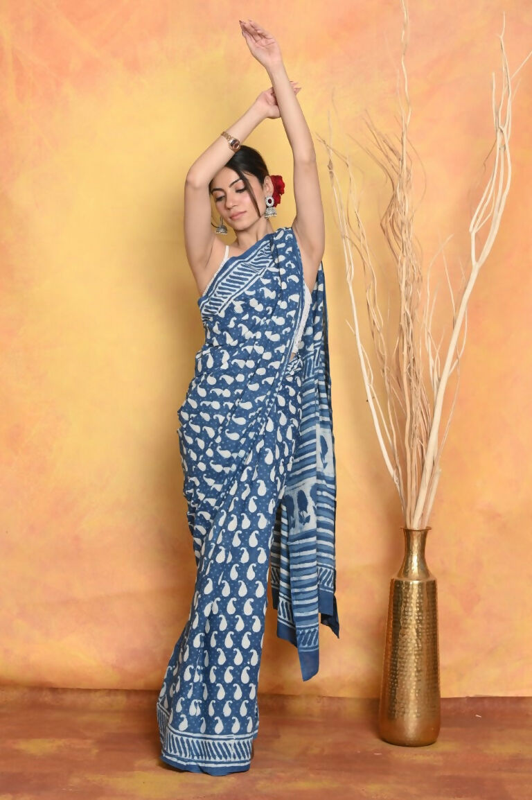 Very Much Indian Handblock Printed Cotton Saree With Natural Dyes - Blue | Swadesiicart