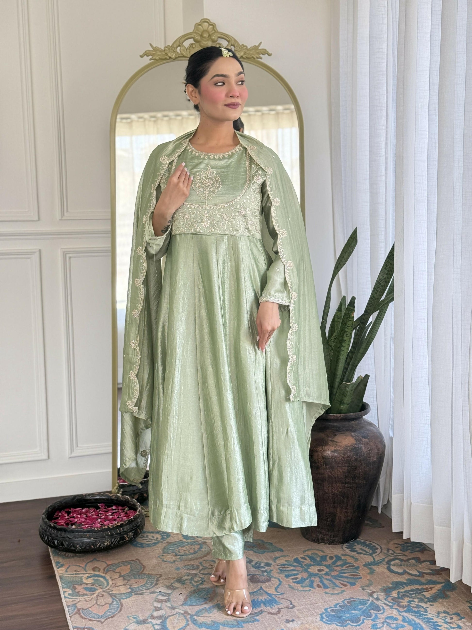 The52 Pista Women's Gorgeous Embroidered Vichitra Silk Fabric Flared Kurta Pant with Dupatta Set - Swadesiicart