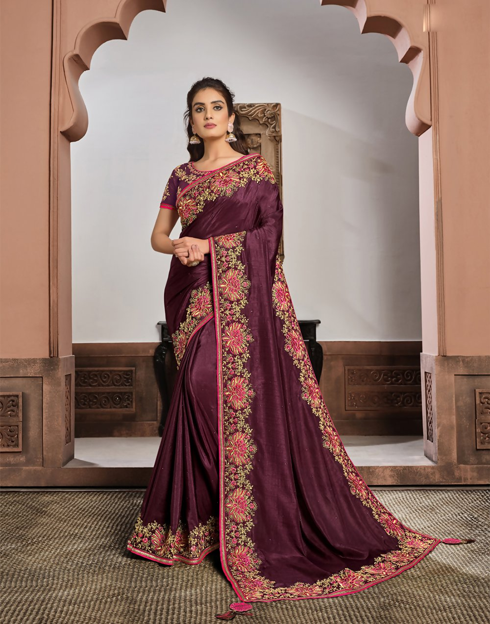 Purple Silk Georgettesilk Thread And Cord Embroidery. Tassels Saree - Norita Hit - Swadesiicart