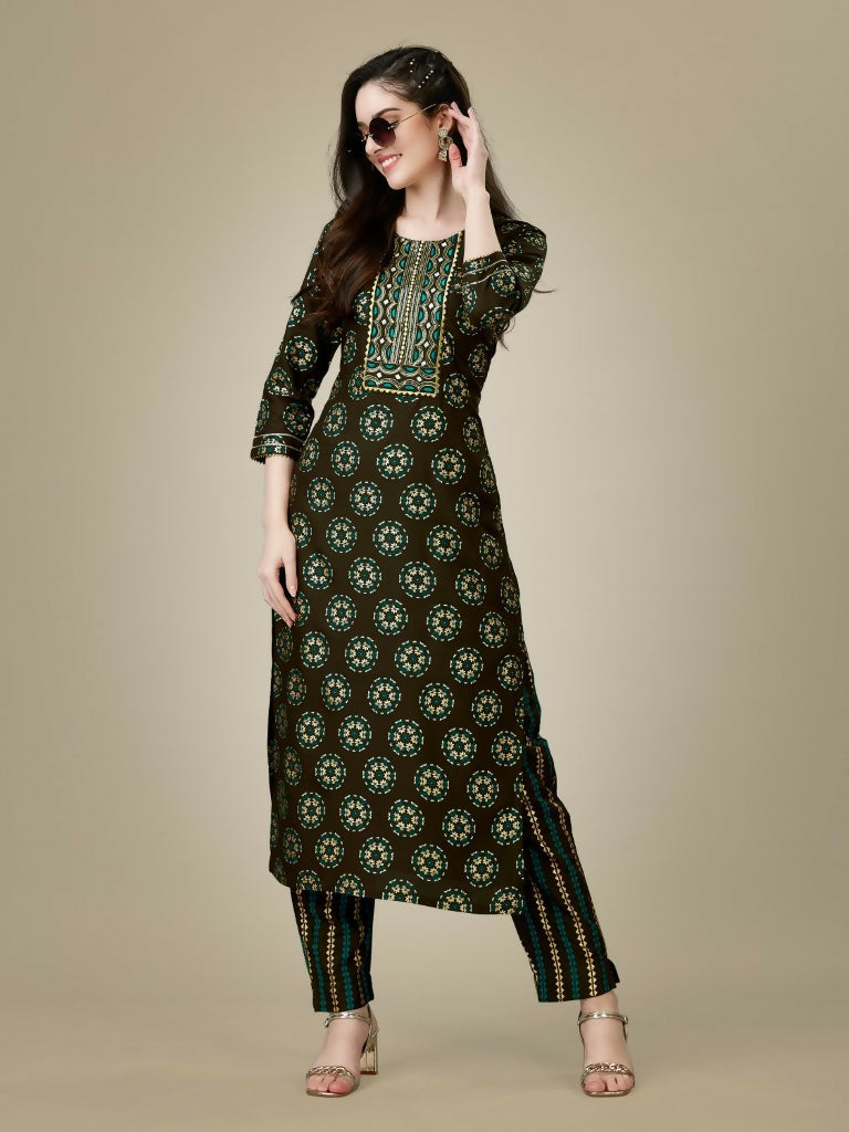 Jyoti Fashion Women's Dark Coffee Rayon Embroidered Kurta Pant Set | Swadesiicart