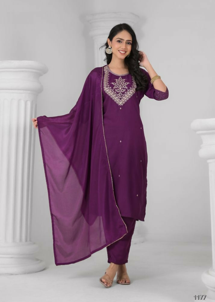 Ethnic Festive Wear Reyon Wine Stitched Suit With Dupatta - Tanisha | Swadesiicart